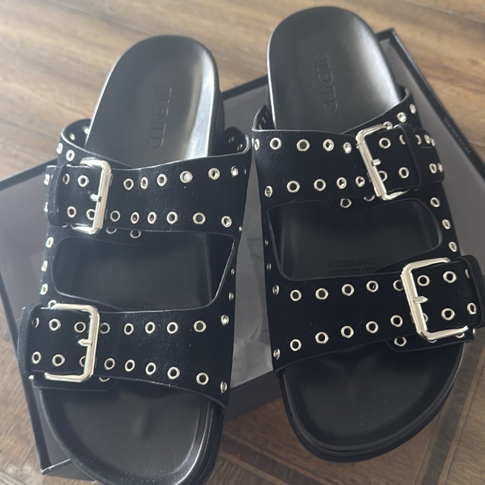 Edgy Black Sandals with Silver Buckle Straps